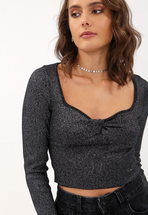 Blusa Tricô Manga Longa Decote Torcido
