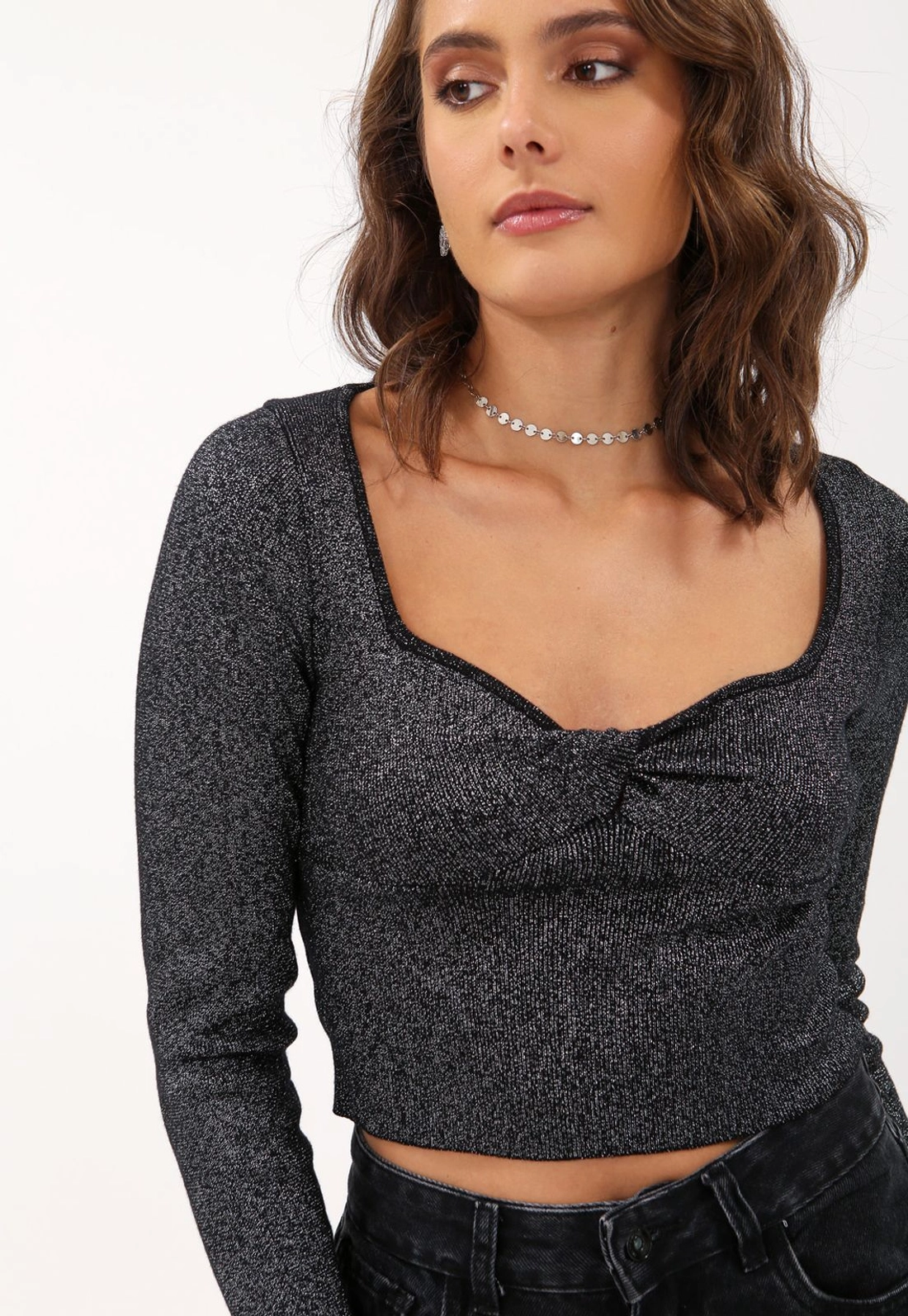 Blusa Tricô Manga Longa Decote Torcido