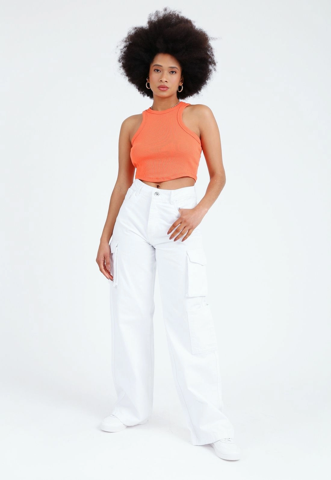 Calca Sarja Wide Leg Bolso Cargo