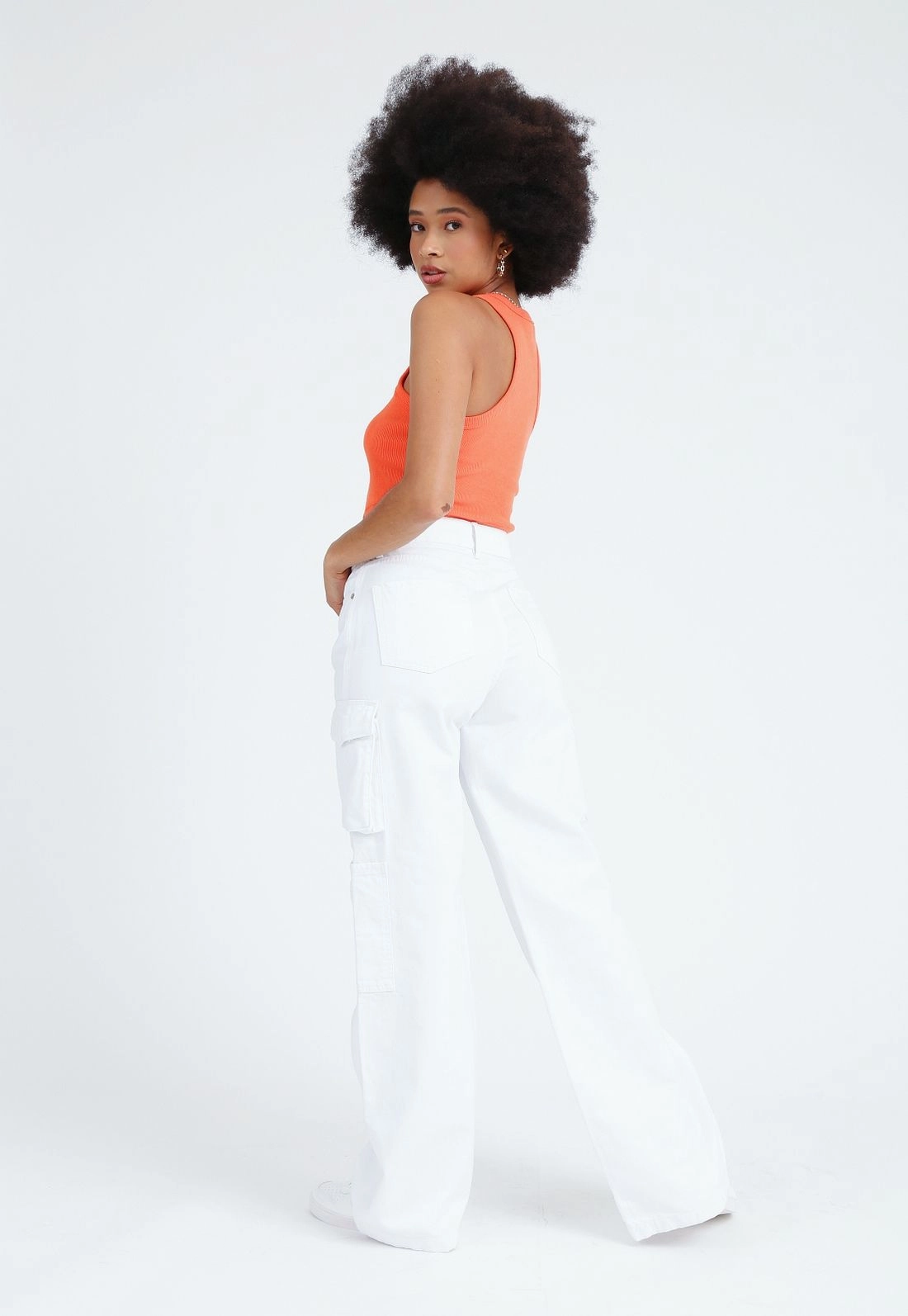 Calca Sarja Wide Leg Bolso Cargo