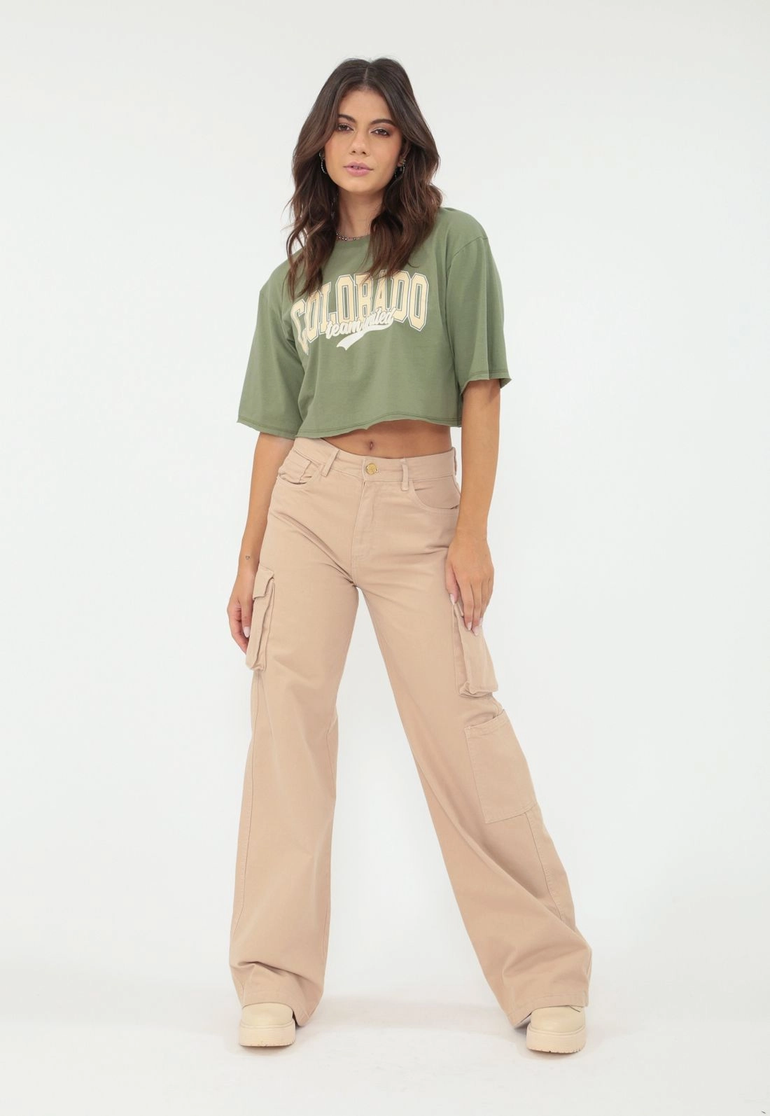 Calca Sarja Wide Leg Bolso Cargo