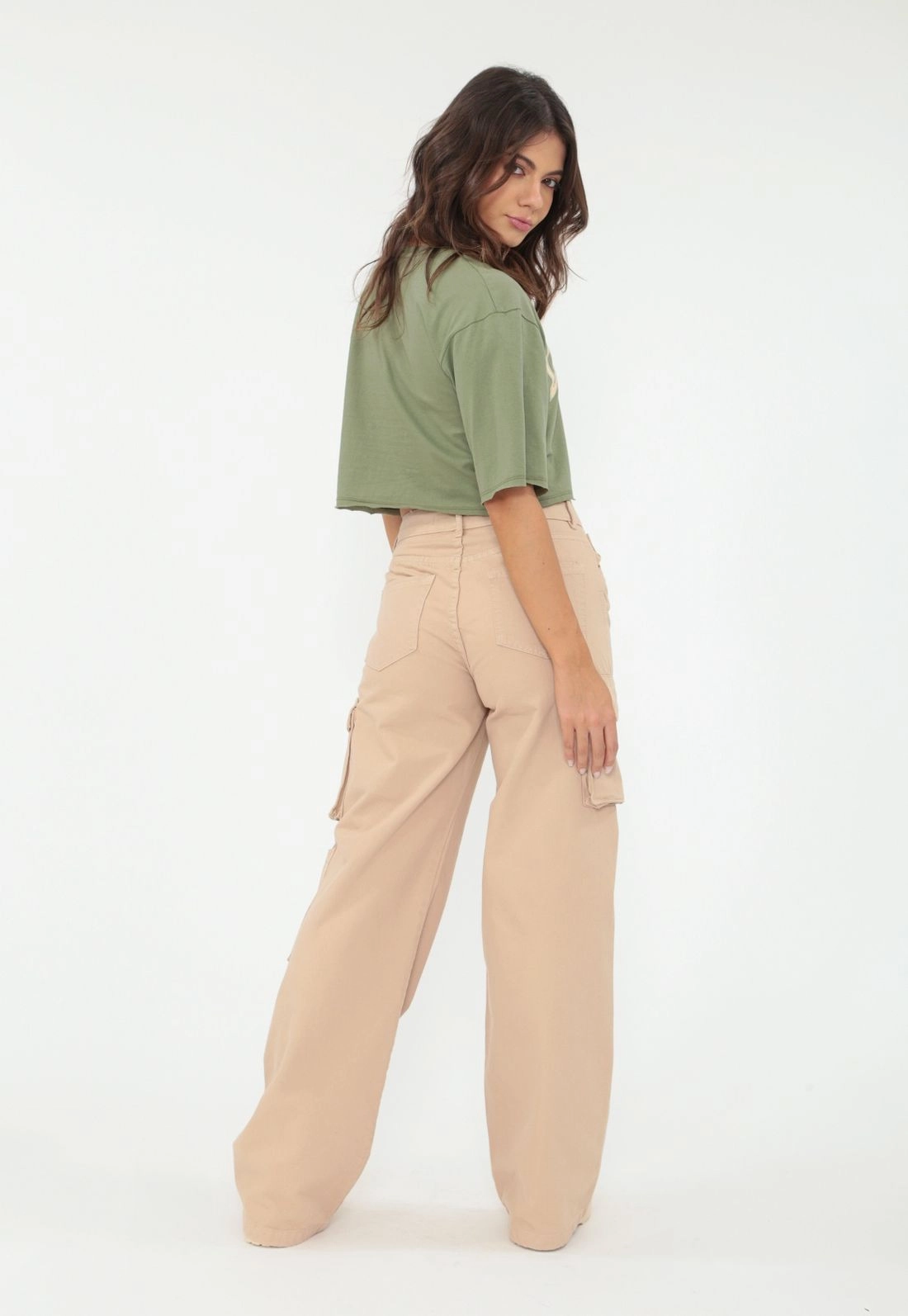 Calca Sarja Wide Leg Bolso Cargo
