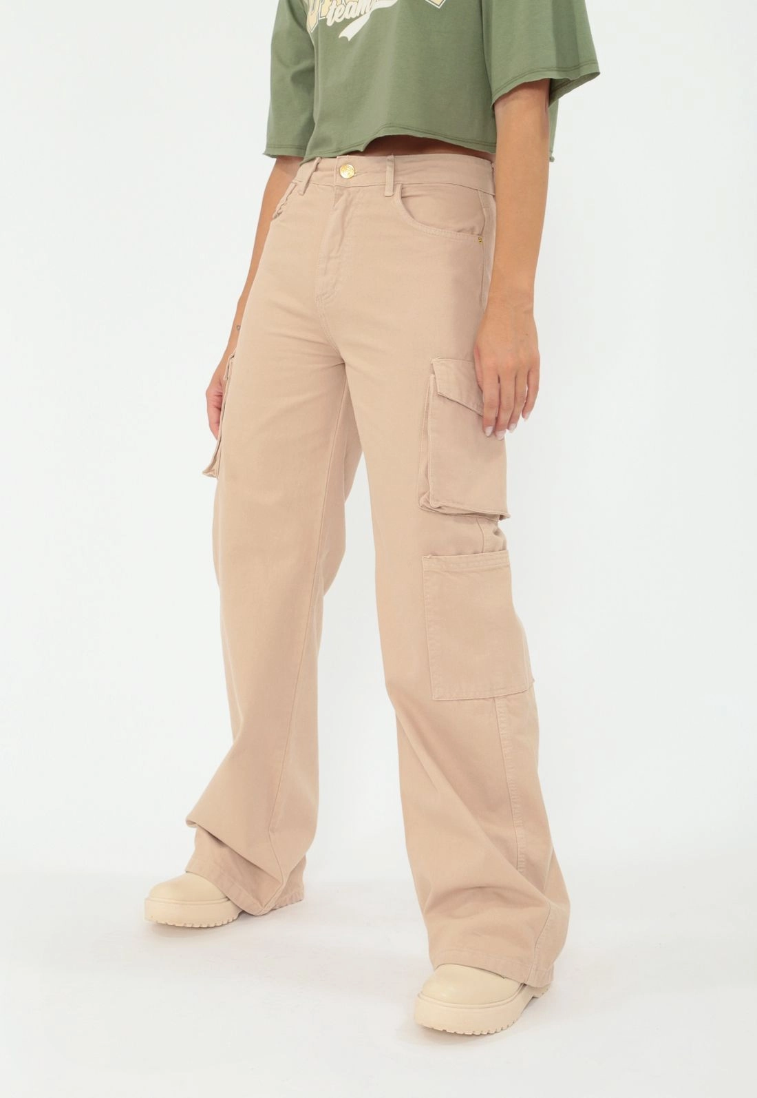 Calca Sarja Wide Leg Bolso Cargo