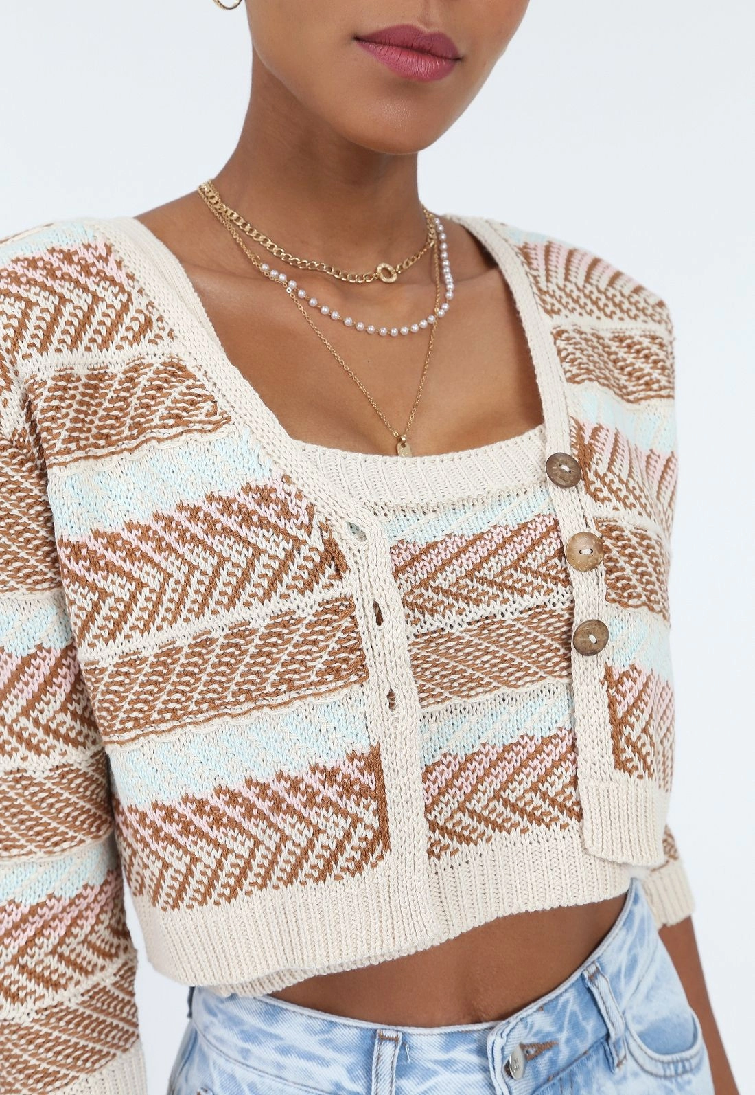 Cardigan Tricô 3/4 Jaquard Zig Zag