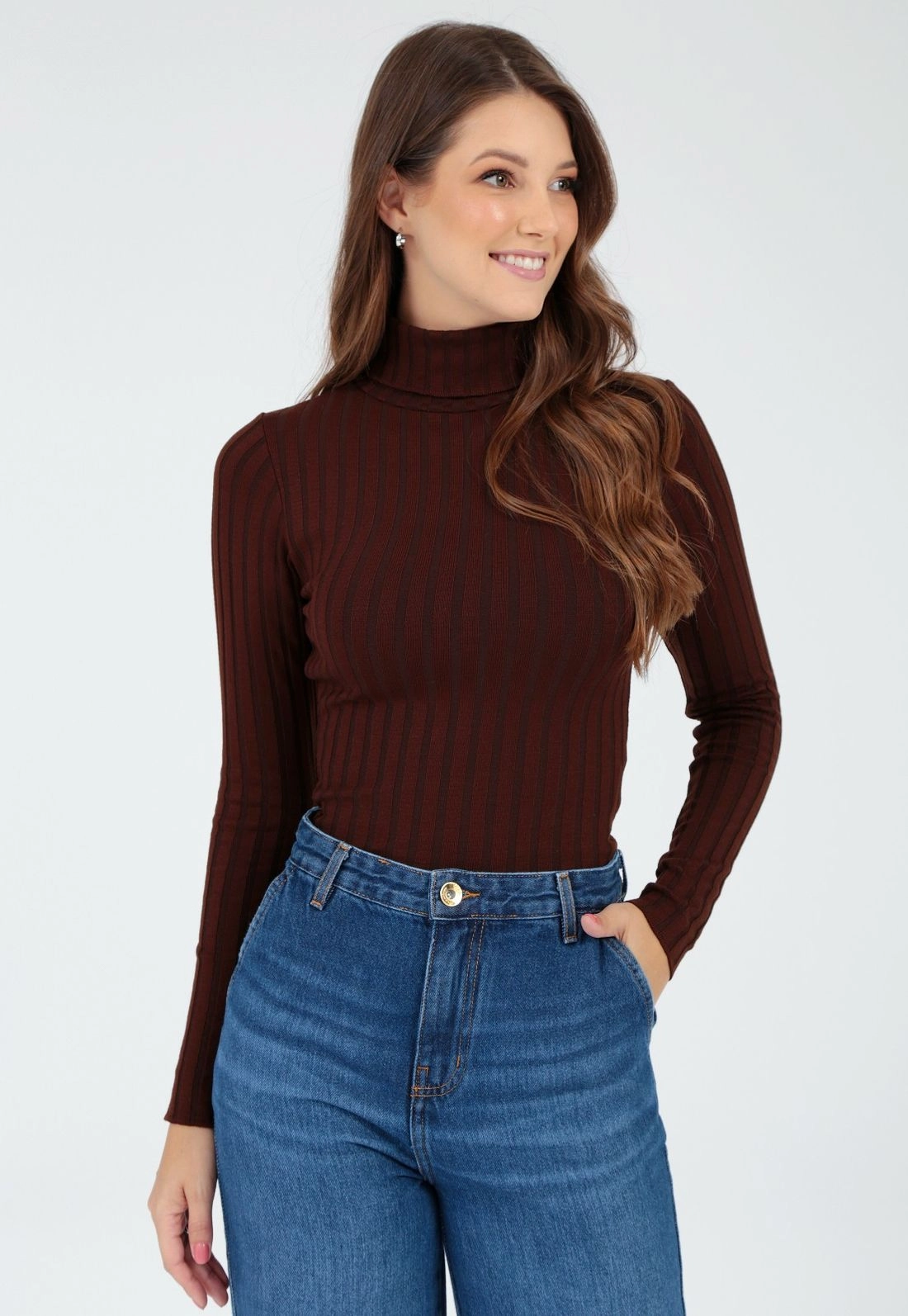 Blusa Tricô Canelado Gola Alta
