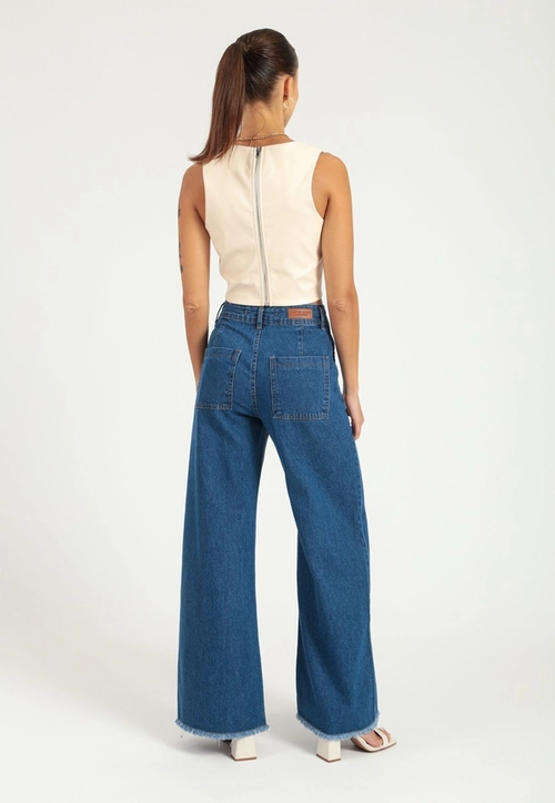 Calca Jeans Wide Leg Barra Desfiada Azul Medio