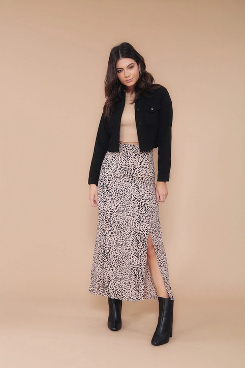 Saia Viscose Midi Recorte Frontal Animal Print