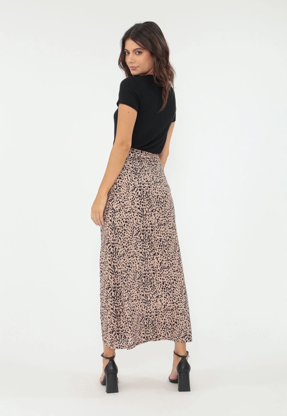 Saia Viscose Midi Recorte Frontal Animal Print