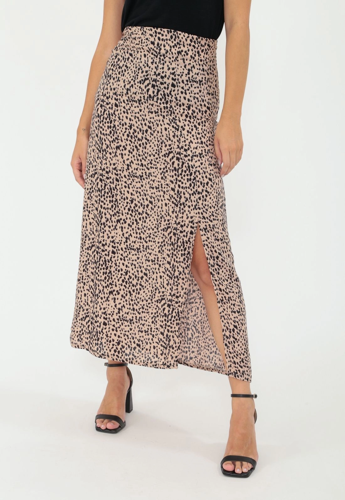 Saia Viscose Midi Recorte Frontal Animal Print