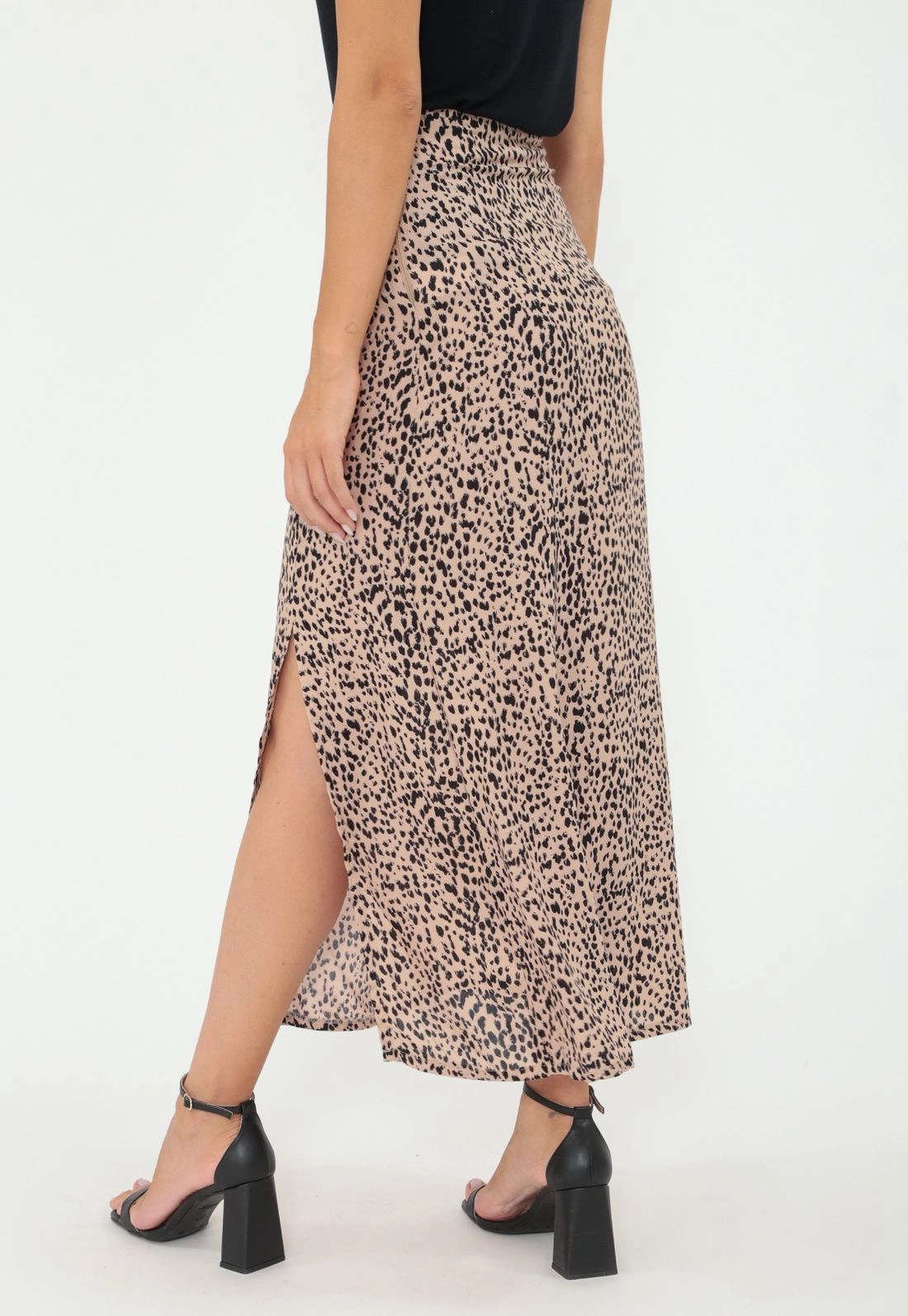 Saia Viscose Midi Recorte Frontal Animal Print