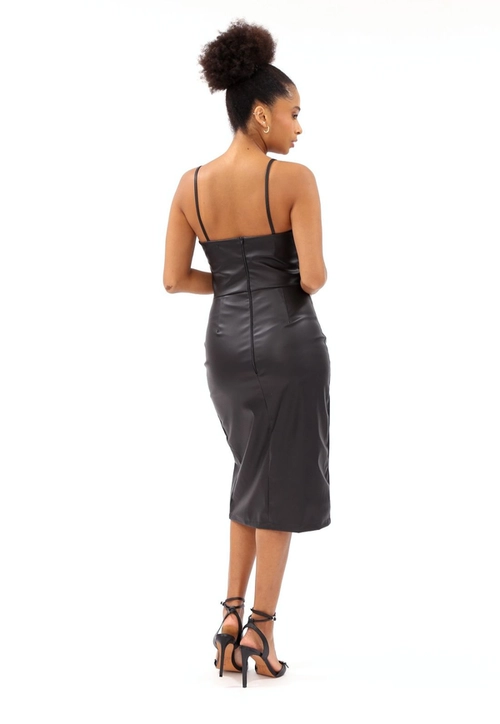 Vestido Pu Alça Midi Fenda