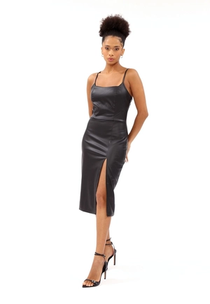 Vestido Pu Alça Midi Fenda