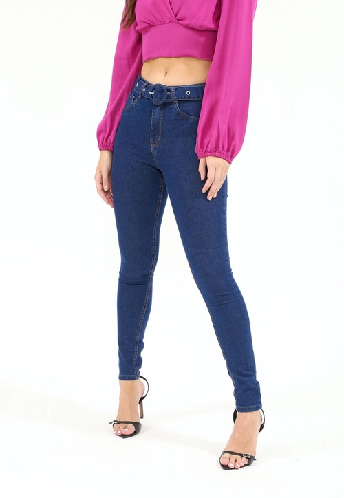 Calça Jeans Skinny Cinto Fivela Forrada