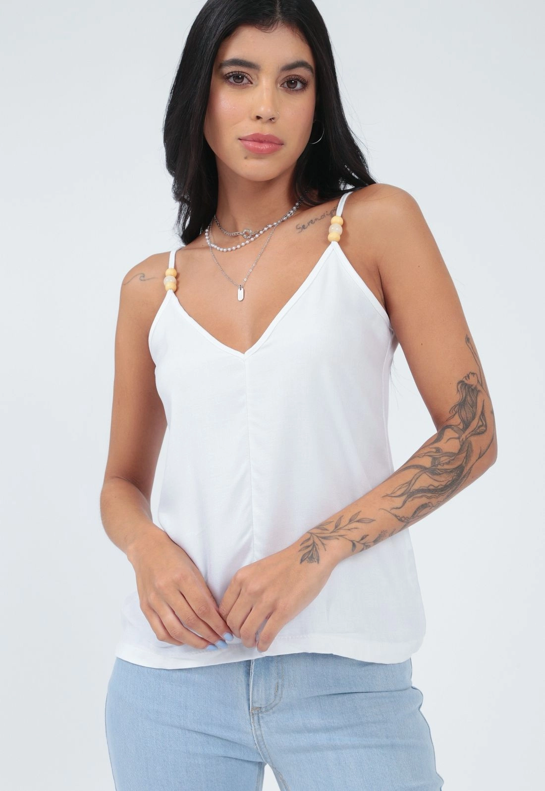 Blusa Viscose Twill Alça Miçanga