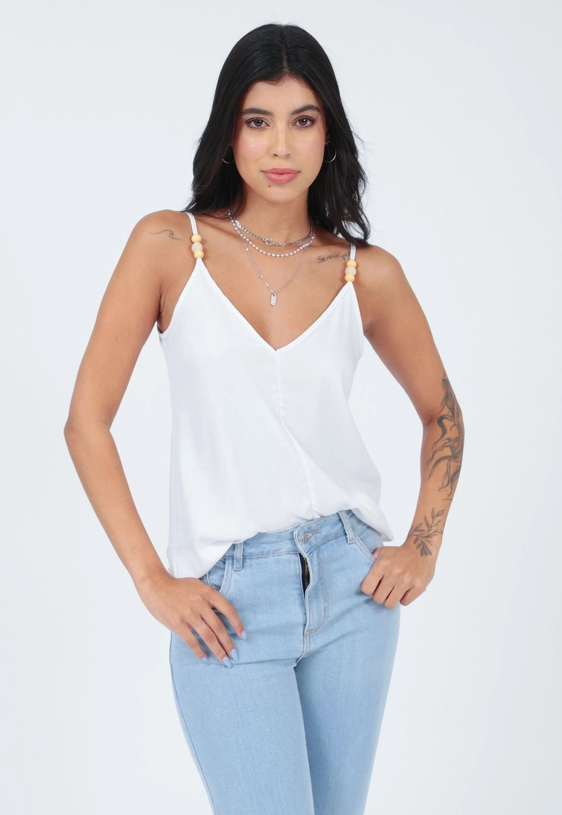 Blusa Viscose Twill Alça Miçanga