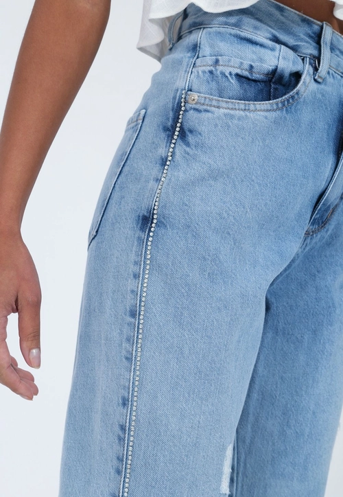 Calça Jeans Mom Fit Lateral Aplique