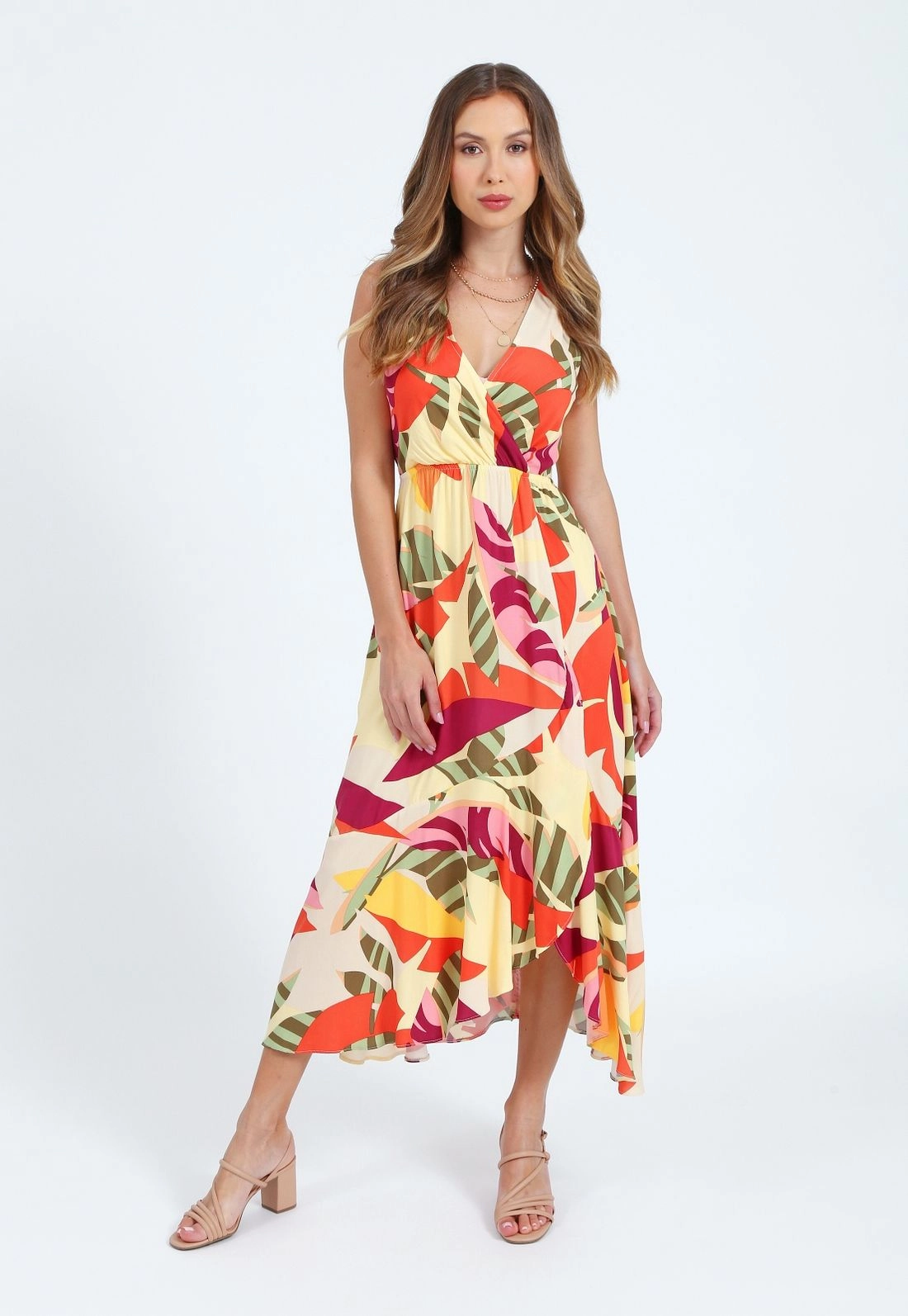 Vestido Viscose Midi Sem Manga Babado