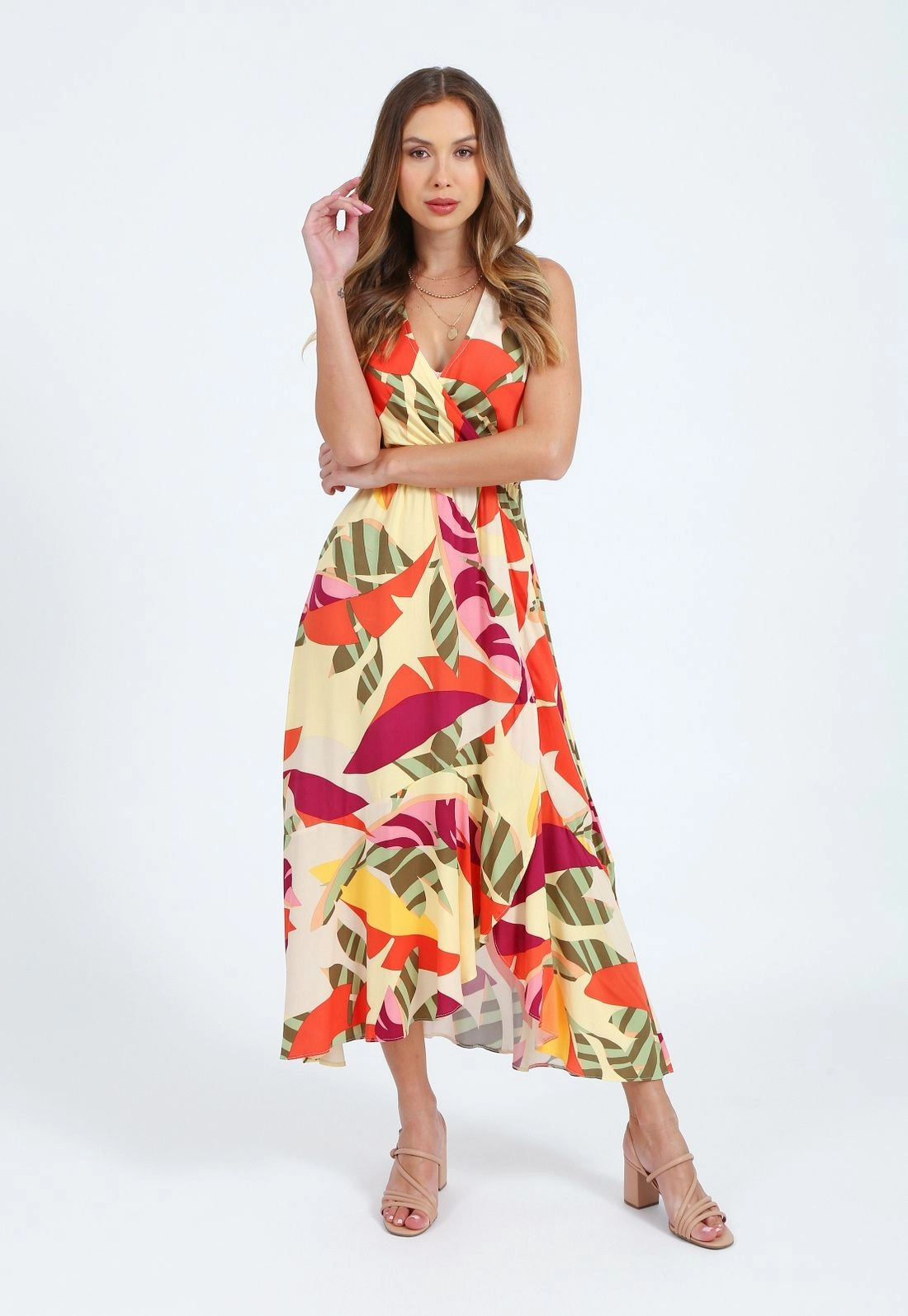 Vestido Viscose Midi Sem Manga Babado