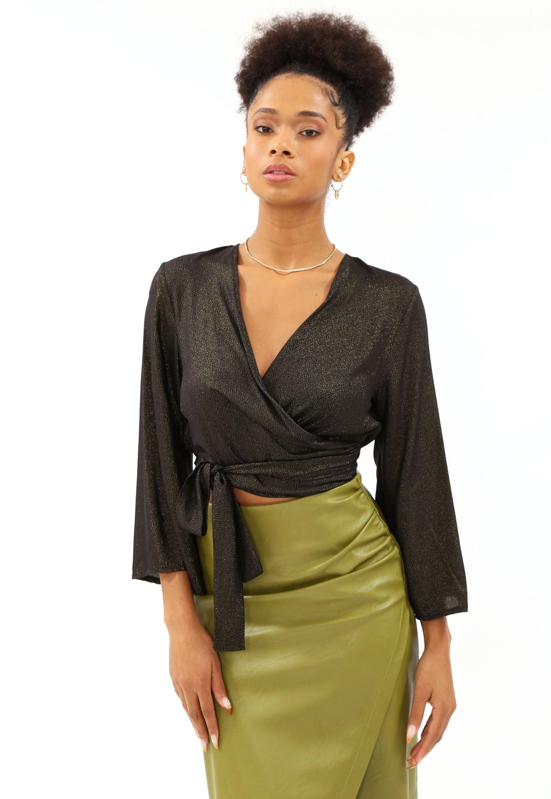 Cropped Viscose Manga 7/8 Metalic Transpassado