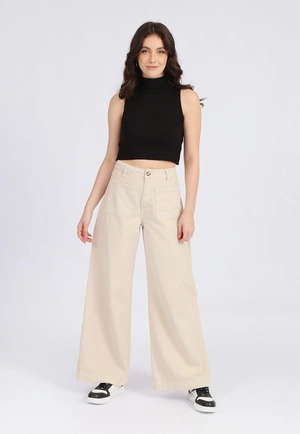 Calça Sarja Wide Leg Bolso Frontal