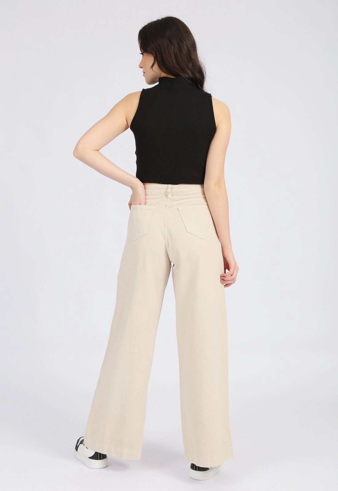 Calça Sarja Wide Leg Bolso Frontal