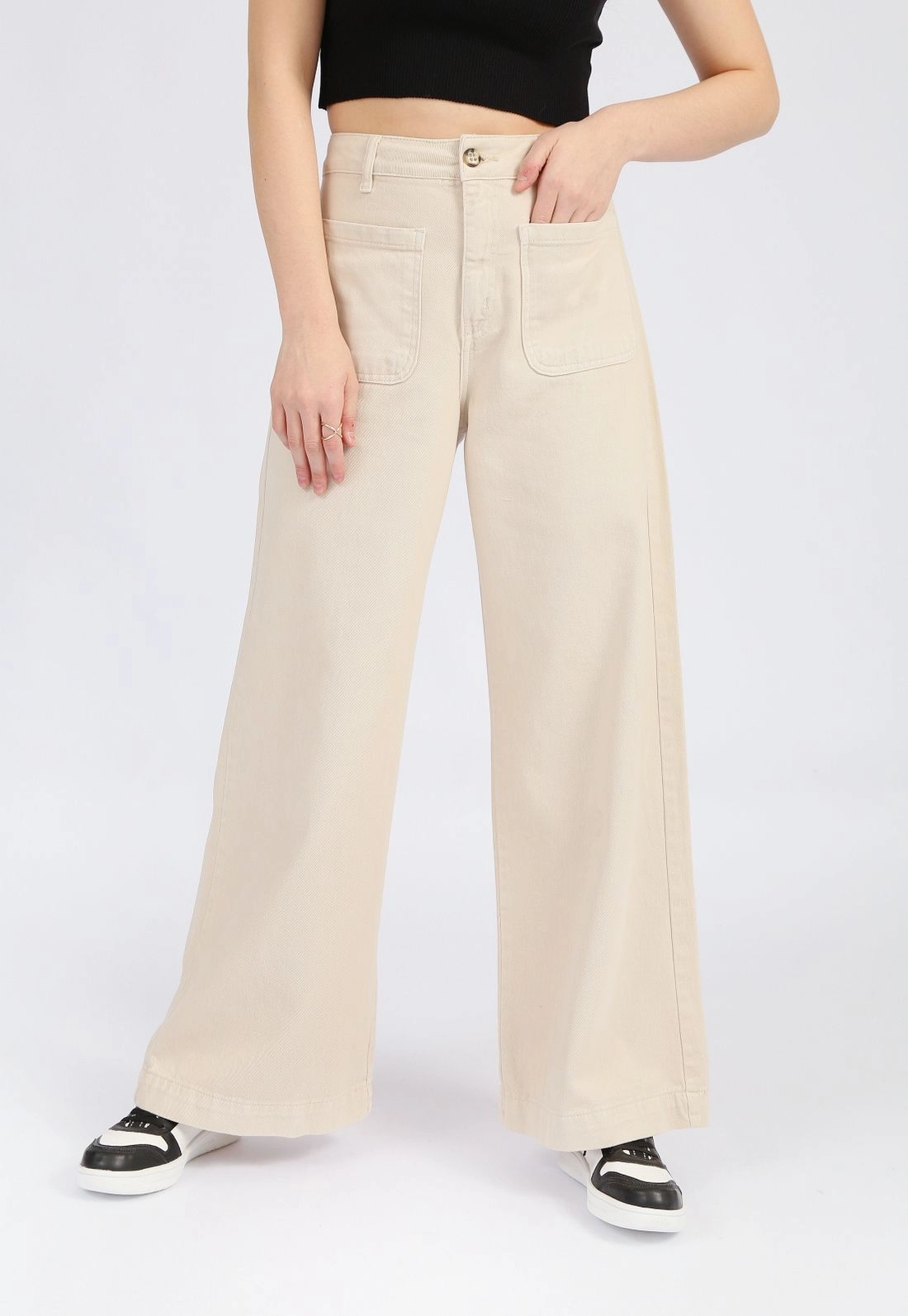 Calça Sarja Wide Leg Bolso Frontal