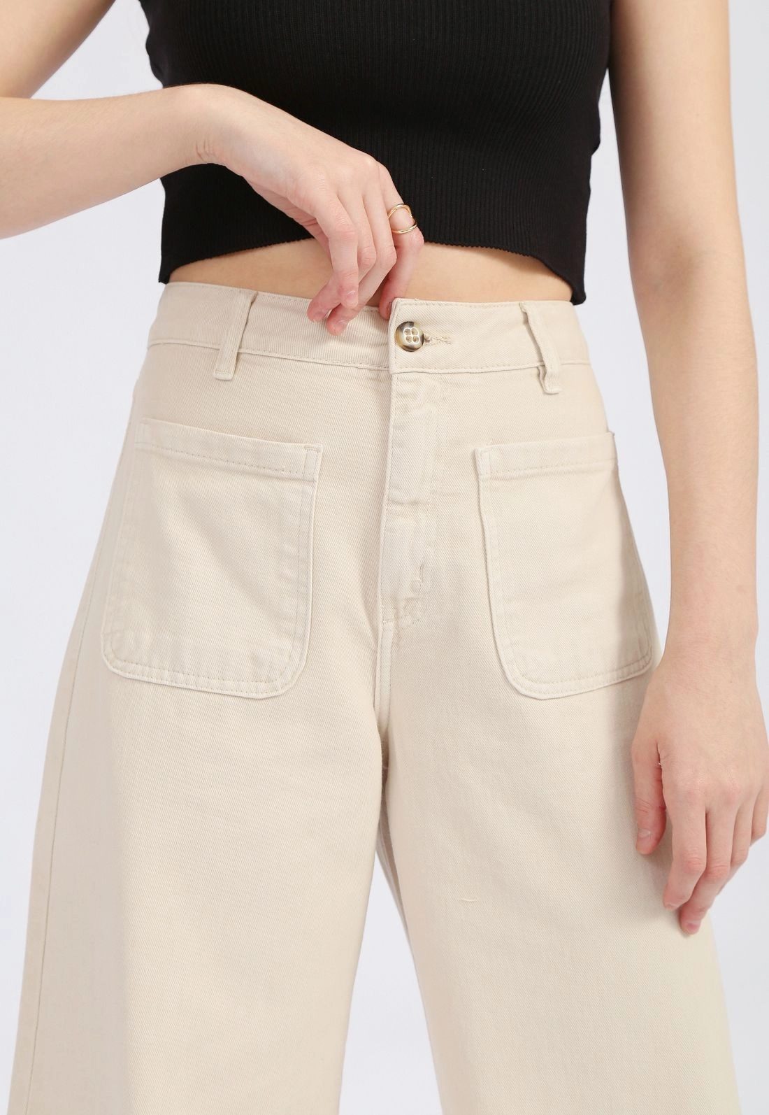 Calça Sarja Wide Leg Bolso Frontal