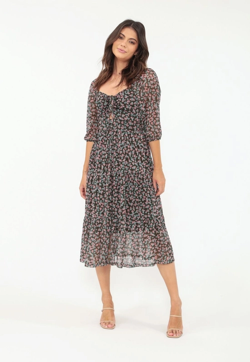 Vestido Tule Midi Puxador Decote Liberty