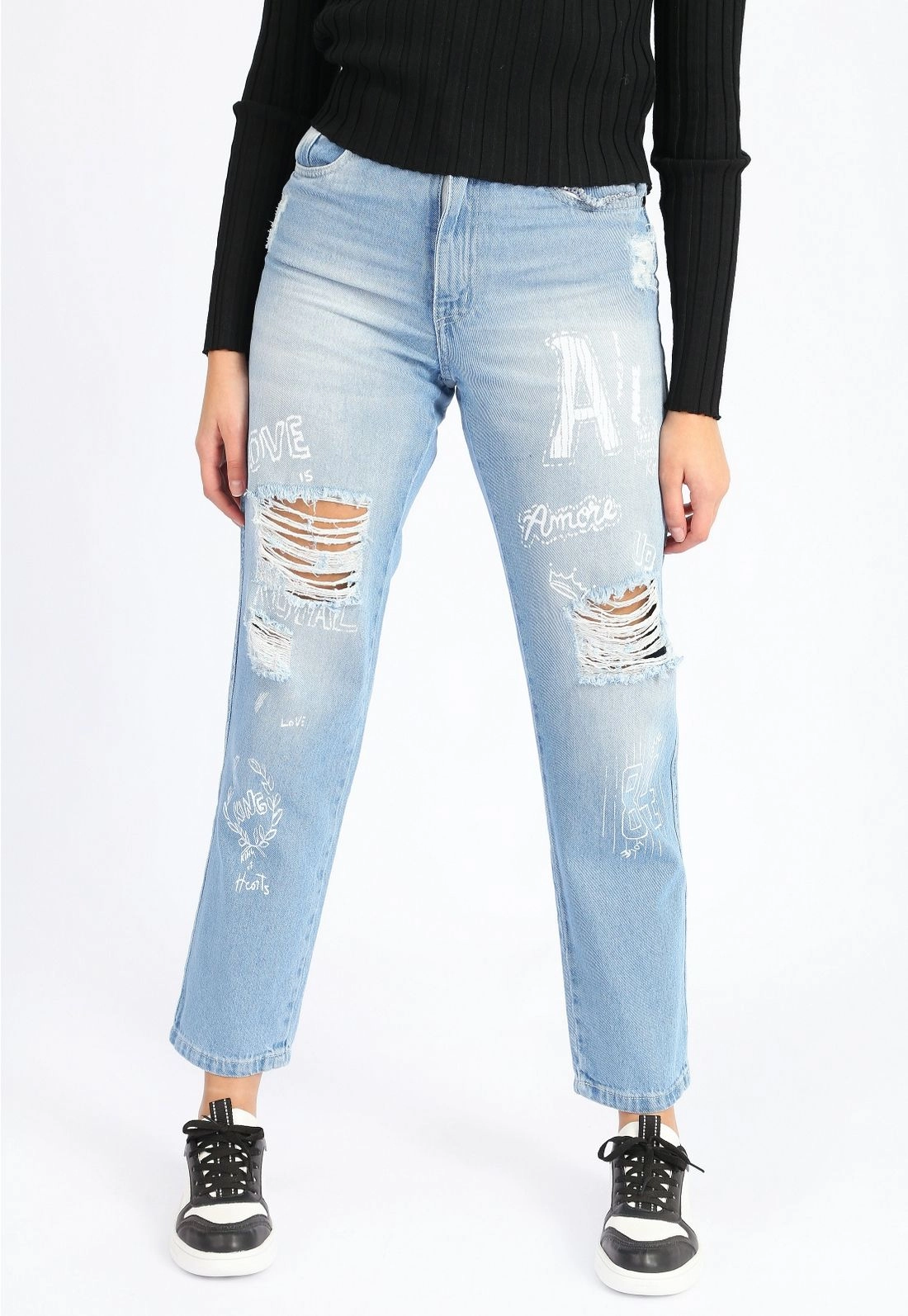 Calça Jeans Desenhos Rasgos