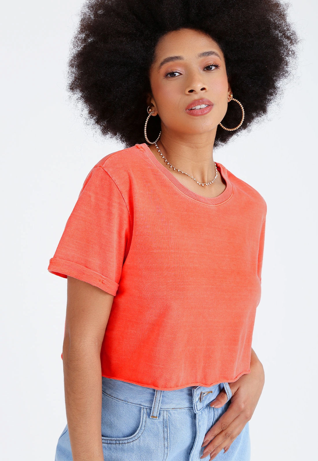 Camiseta Cropped Em Meia Malha Estonada Basica