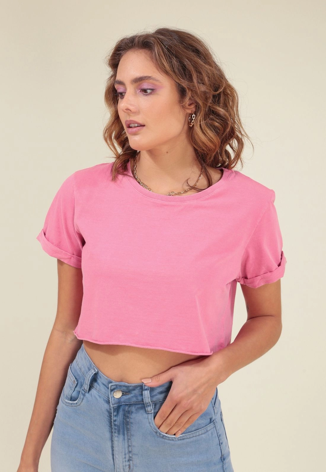 Camiseta Cropped Em Meia Malha Estonada Basica
