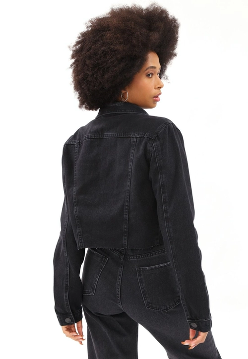 Jaqueta Jeans Cropped Manga Longa Black