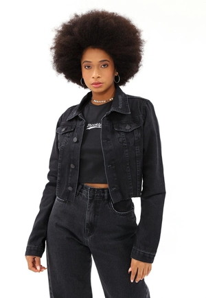 Jaqueta Jeans Cropped Manga Longa Black