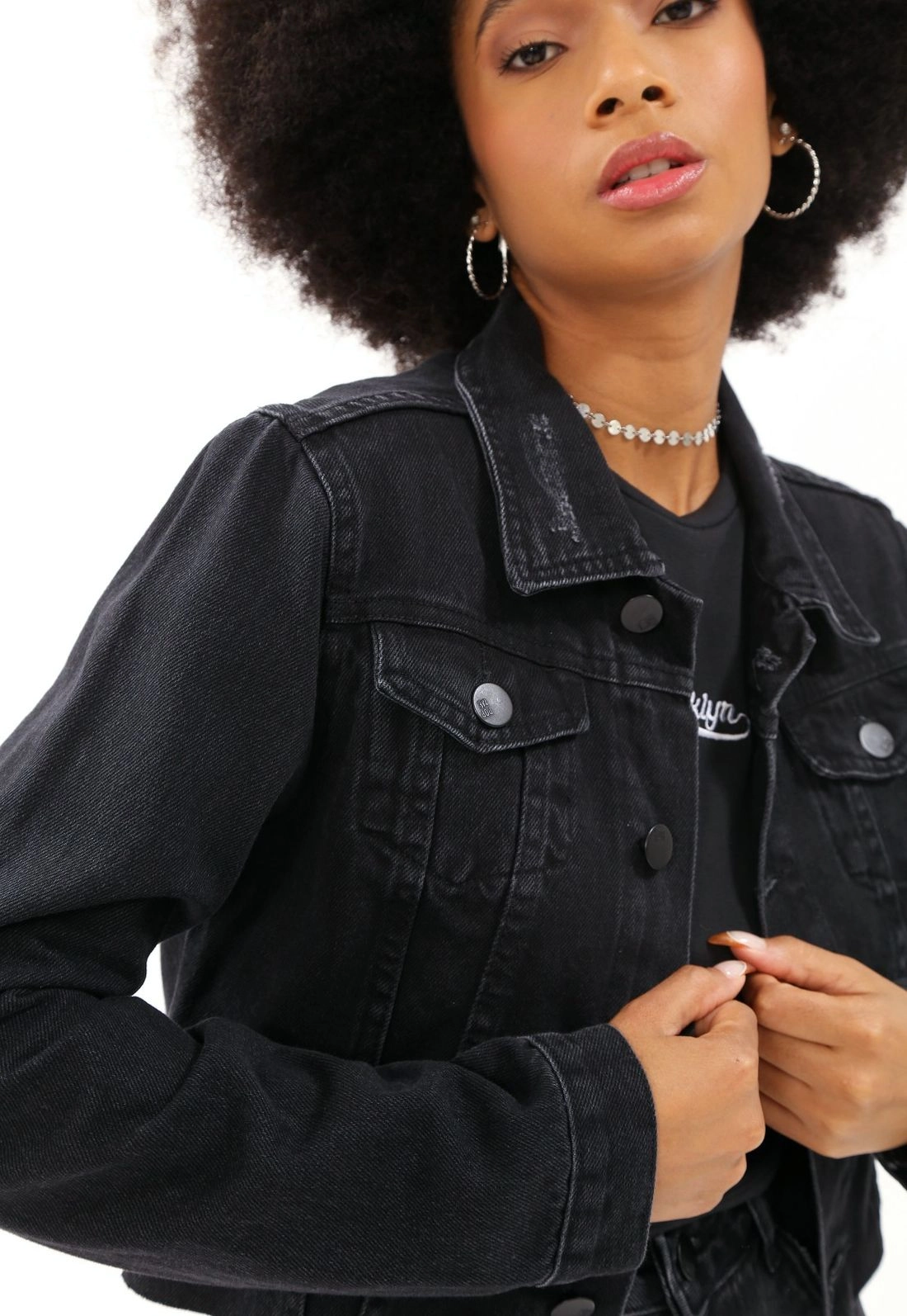 Jaqueta Jeans Cropped Manga Longa Black