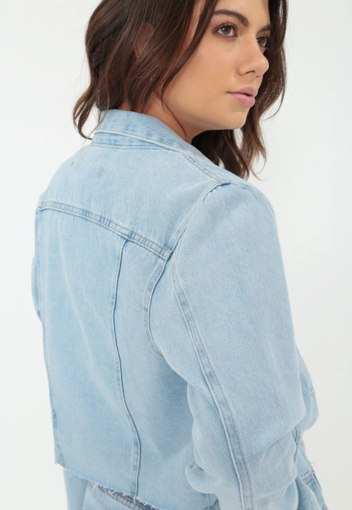 Jaqueta Jeans Cropped Manga Longa