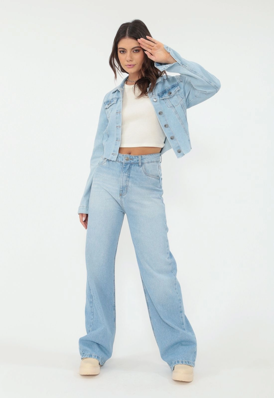 Jaqueta Jeans Cropped Manga Longa
