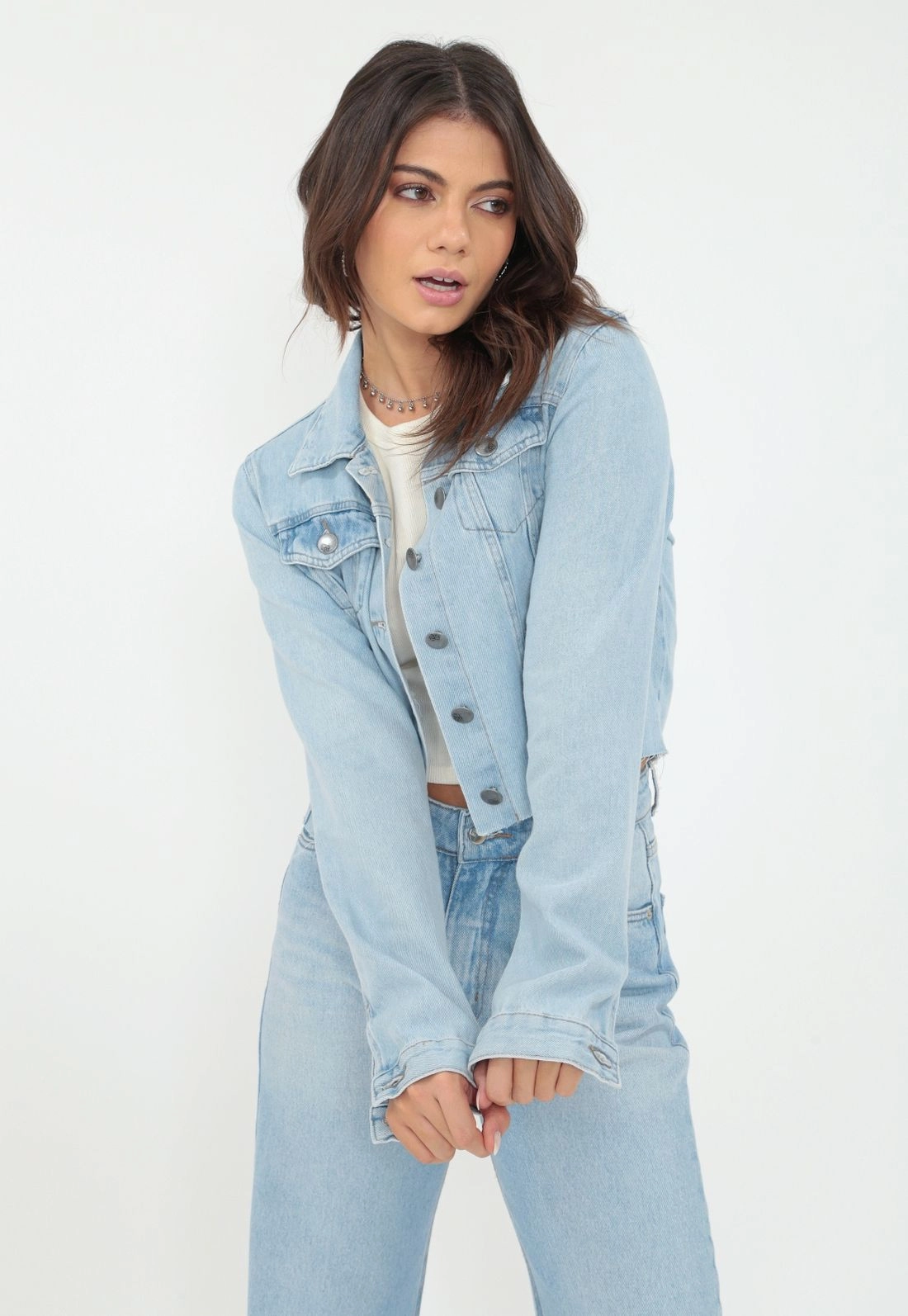 Jaqueta Jeans Cropped Manga Longa