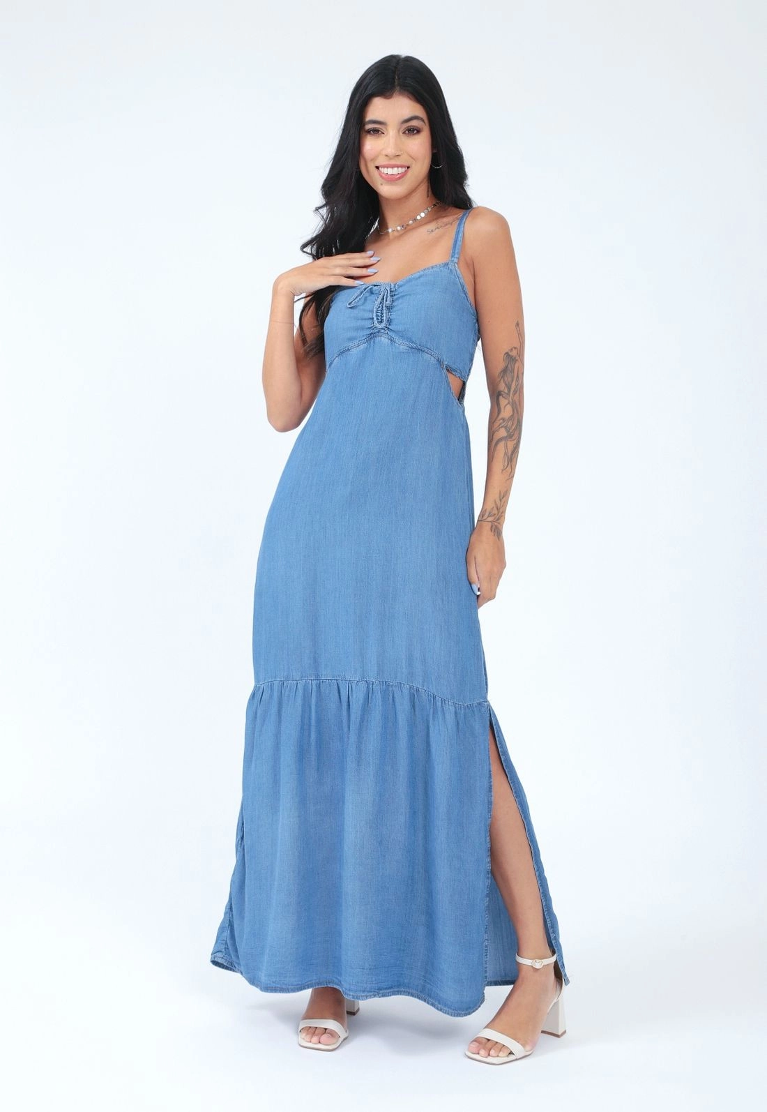 Vestido Lyocel Jeans Longo Alça
