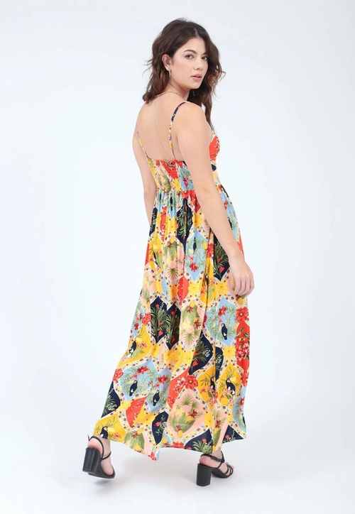 Vestido Viscose Estampado Alça Recorte