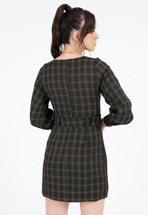Vestido Crepe Manga Longa Xadrez