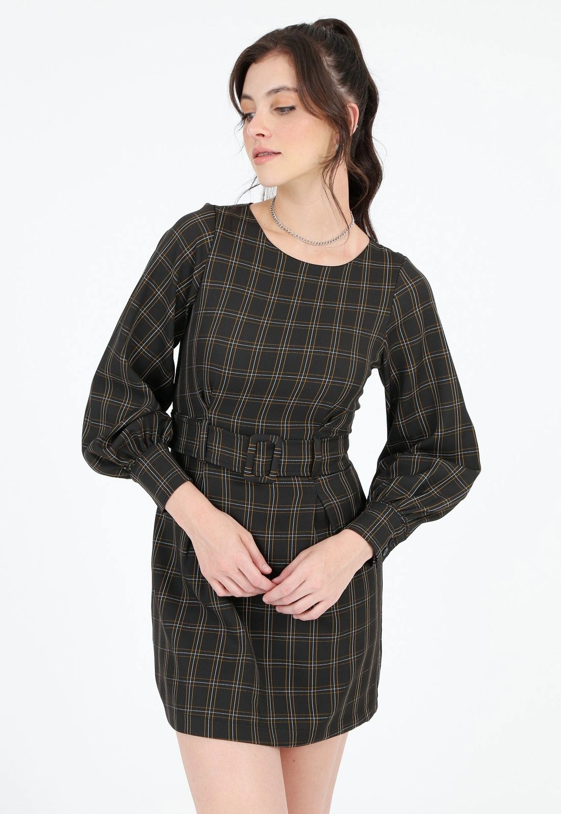 Vestido Crepe Manga Longa Xadrez