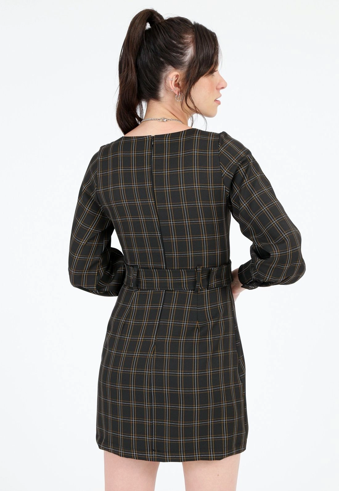Vestido Crepe Manga Longa Xadrez
