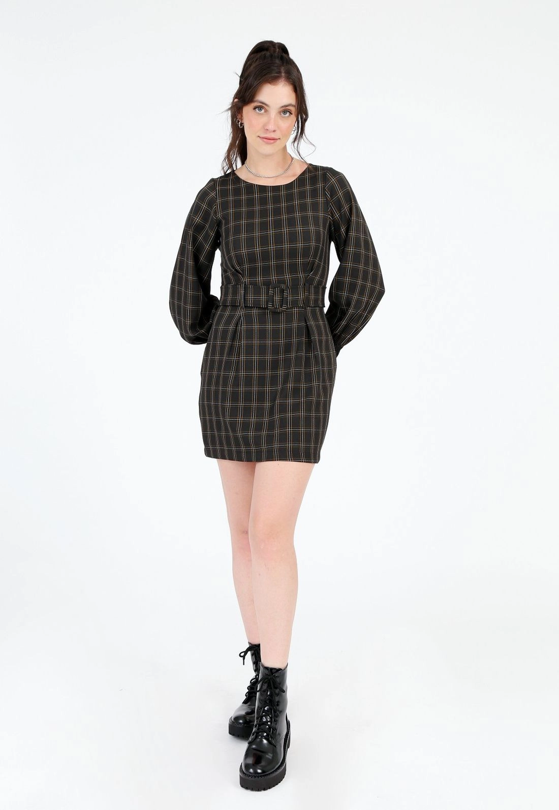 Vestido Crepe Manga Longa Xadrez