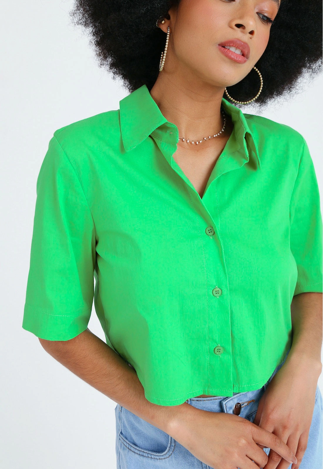 Camisa Cropped Tricoline Manga Curta