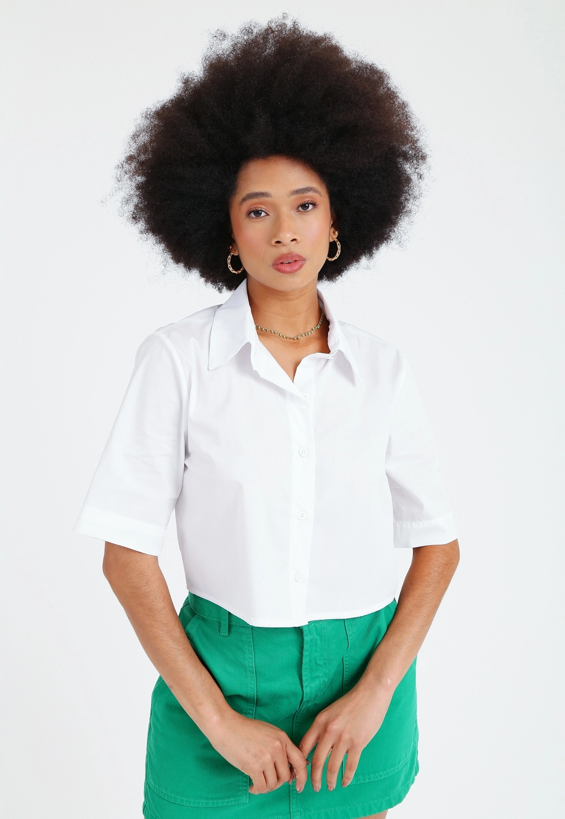 Camisa Cropped Tricoline Manga Curta
