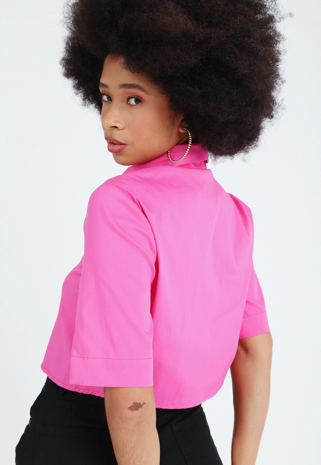 Camisa Cropped Tricoline Manga Curta