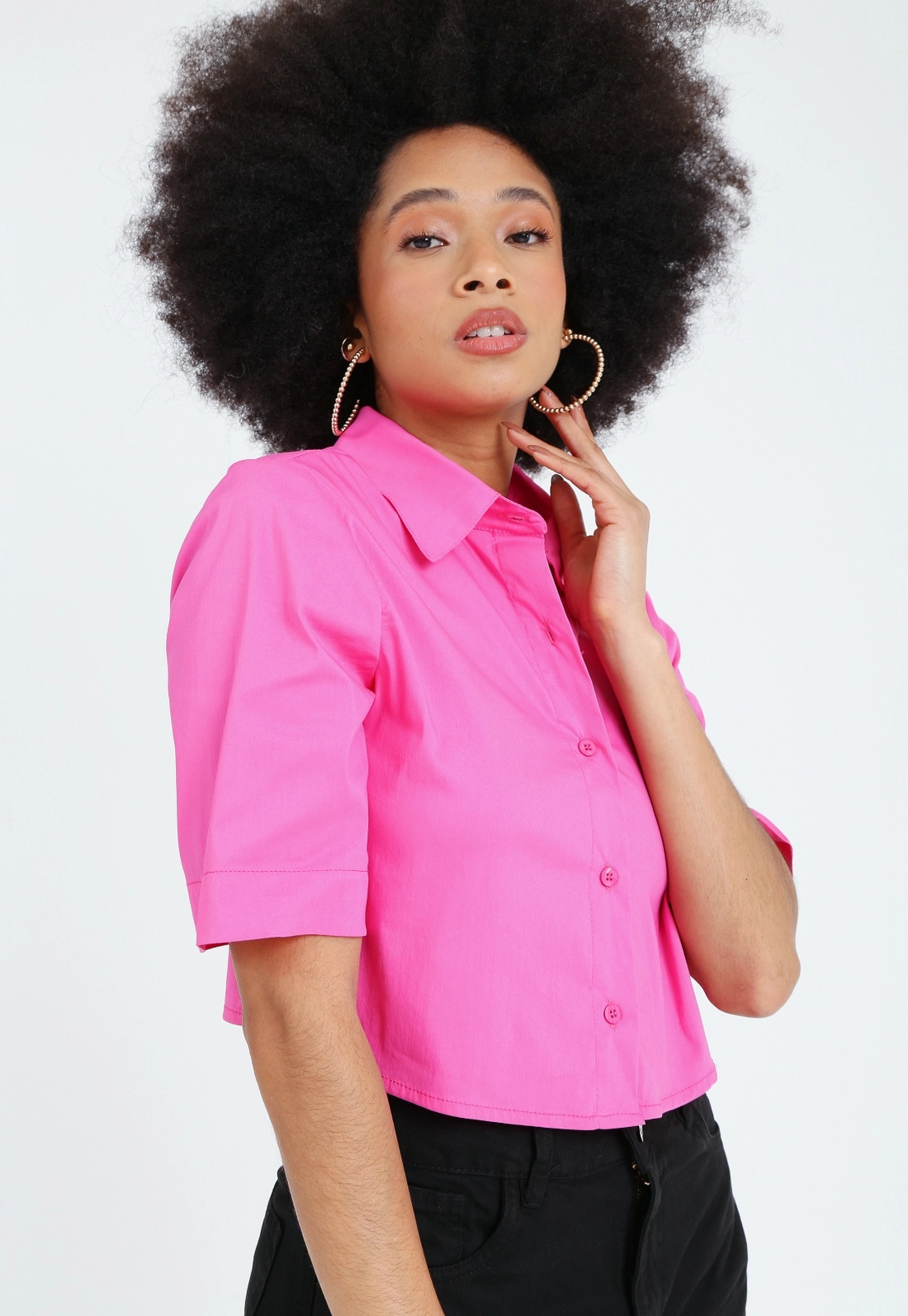 Camisa Cropped Tricoline Manga Curta
