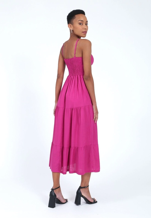 Vestido Linho Soft Alca Midi Recortes