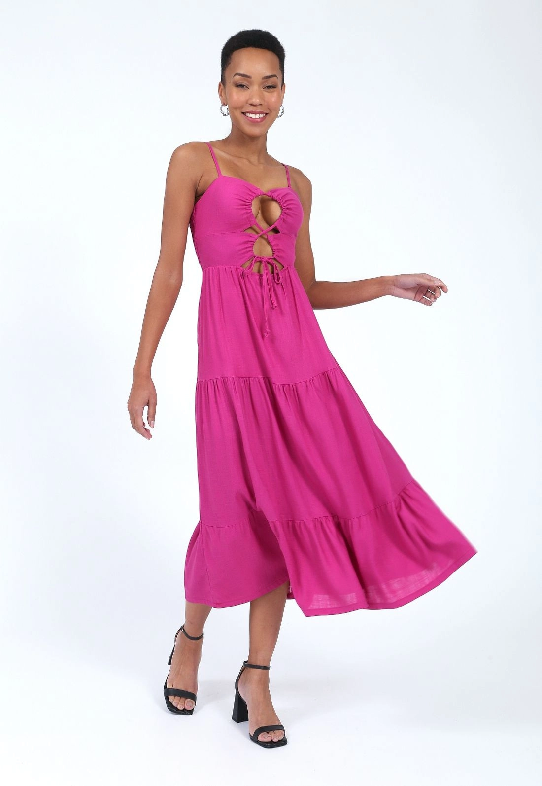 Vestido Linho Soft Alca Midi Recortes