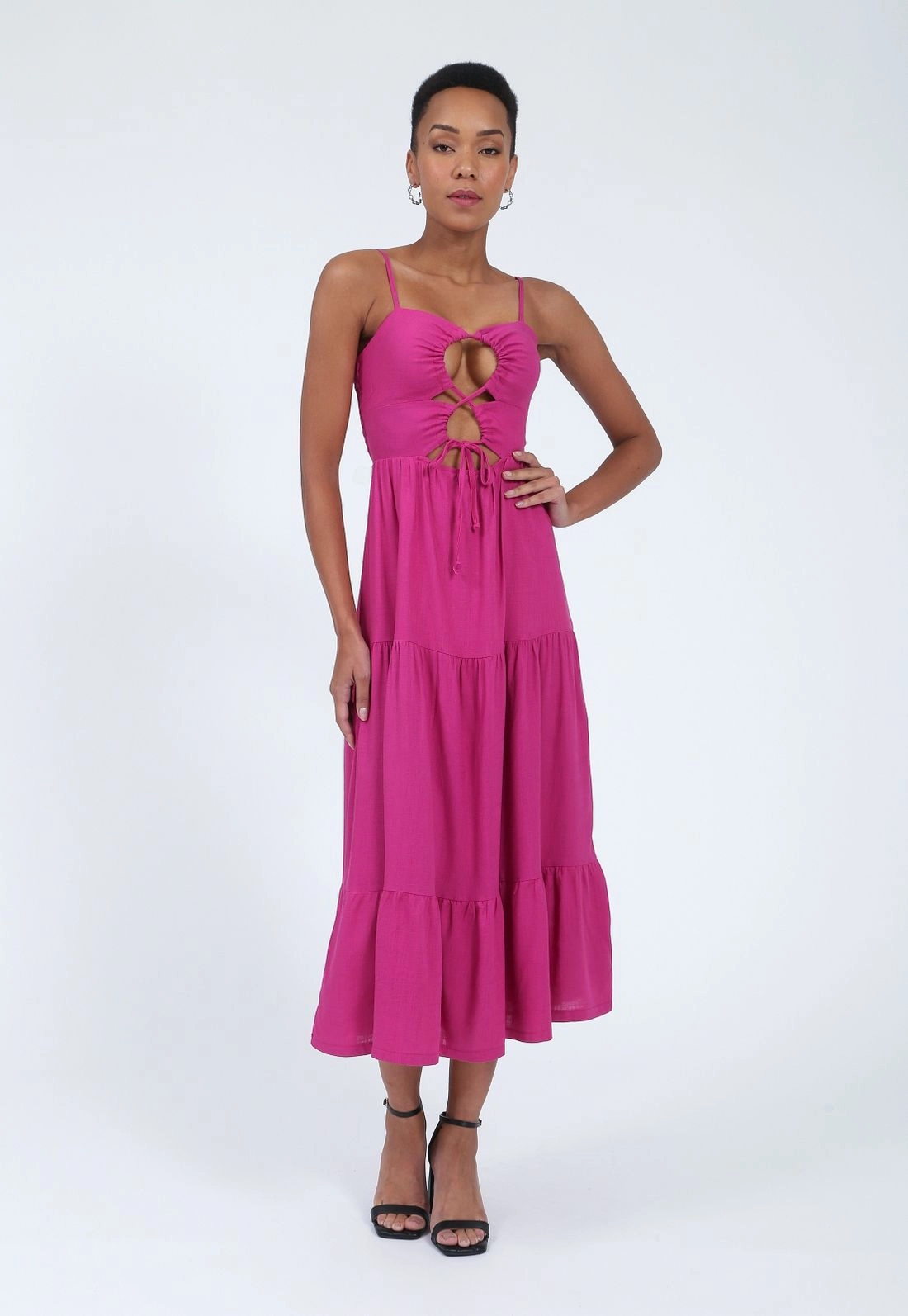 Vestido Linho Soft Alca Midi Recortes